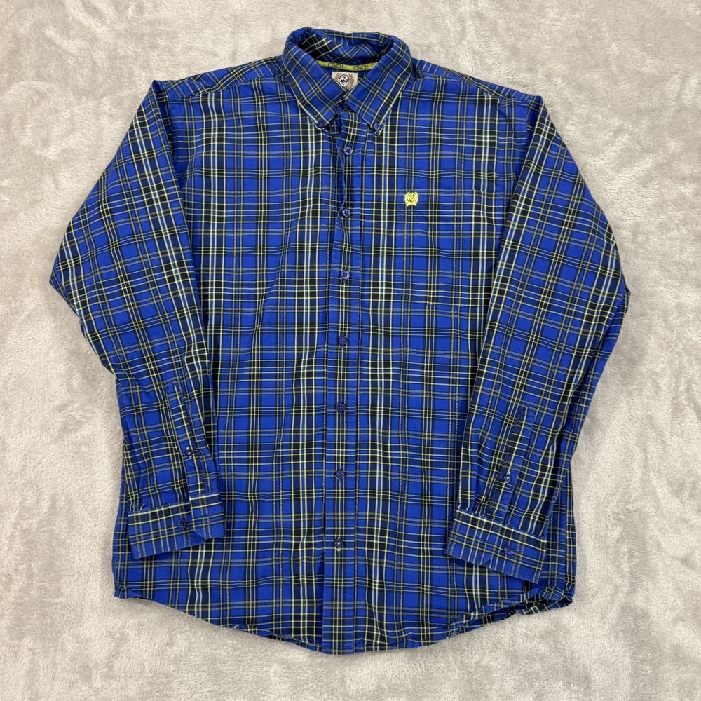 Cinch Shirt Mens Small Blue Green Plaid Western Cowboy Pleated Button‎ Down